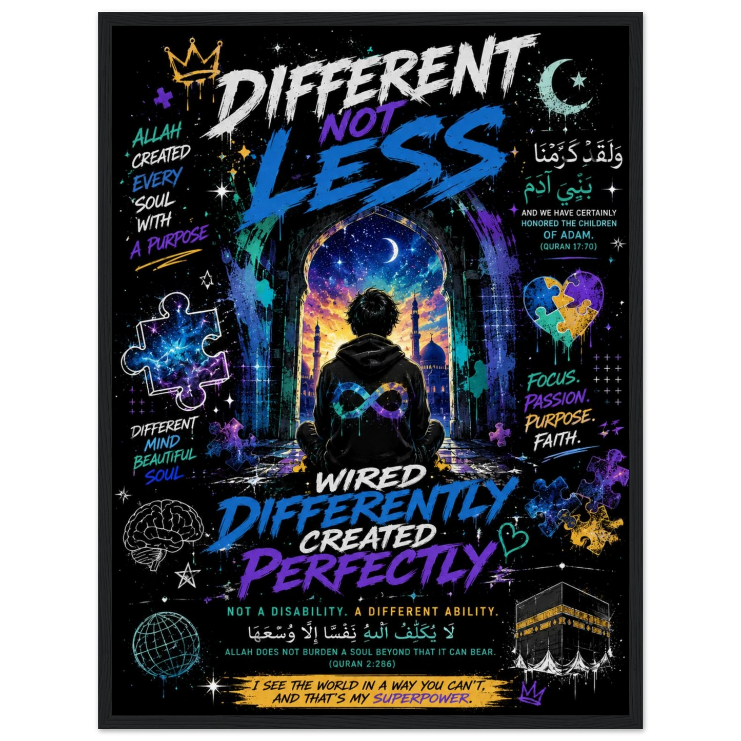 Different Not Less classic framed poster autism acceptance wall art lifestyle photo