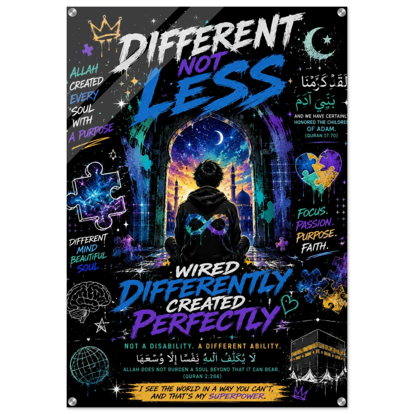 Different Not Less premium acrylic Islamic autism awareness wall art with mosque archway design