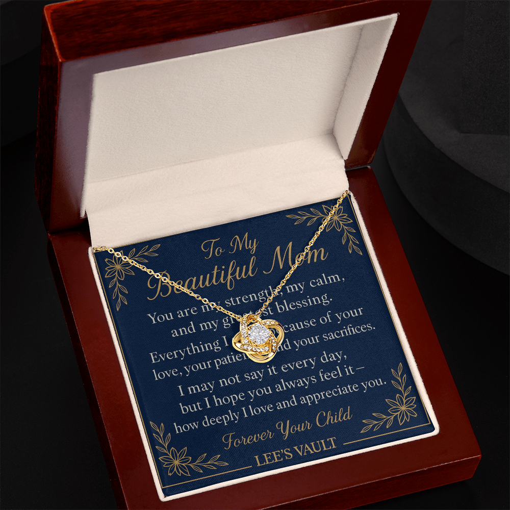 LEE'S VAULT “To My Beautiful Mom” Gold Necklace – Inspirational Gift for Mom / Mother's Day / Birthday / Christmas – Luxury Navy & Gold Message Card Jewelry