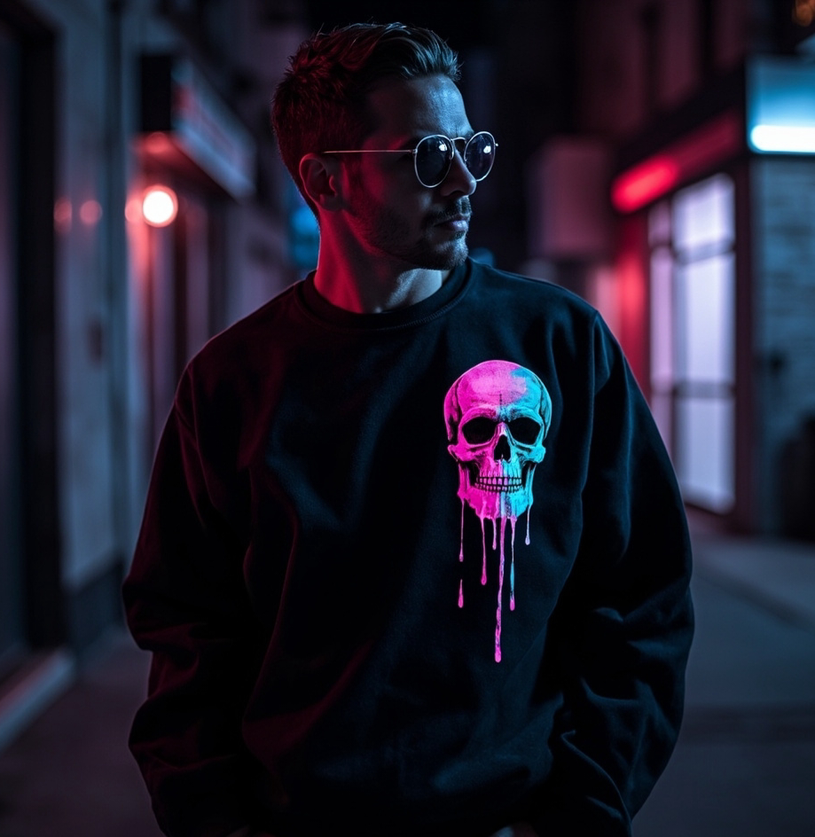 Neon Drip Skull Sweatshirt – Cyberpunk Streetwear Graphic Crewneck | LEE'S VAULT