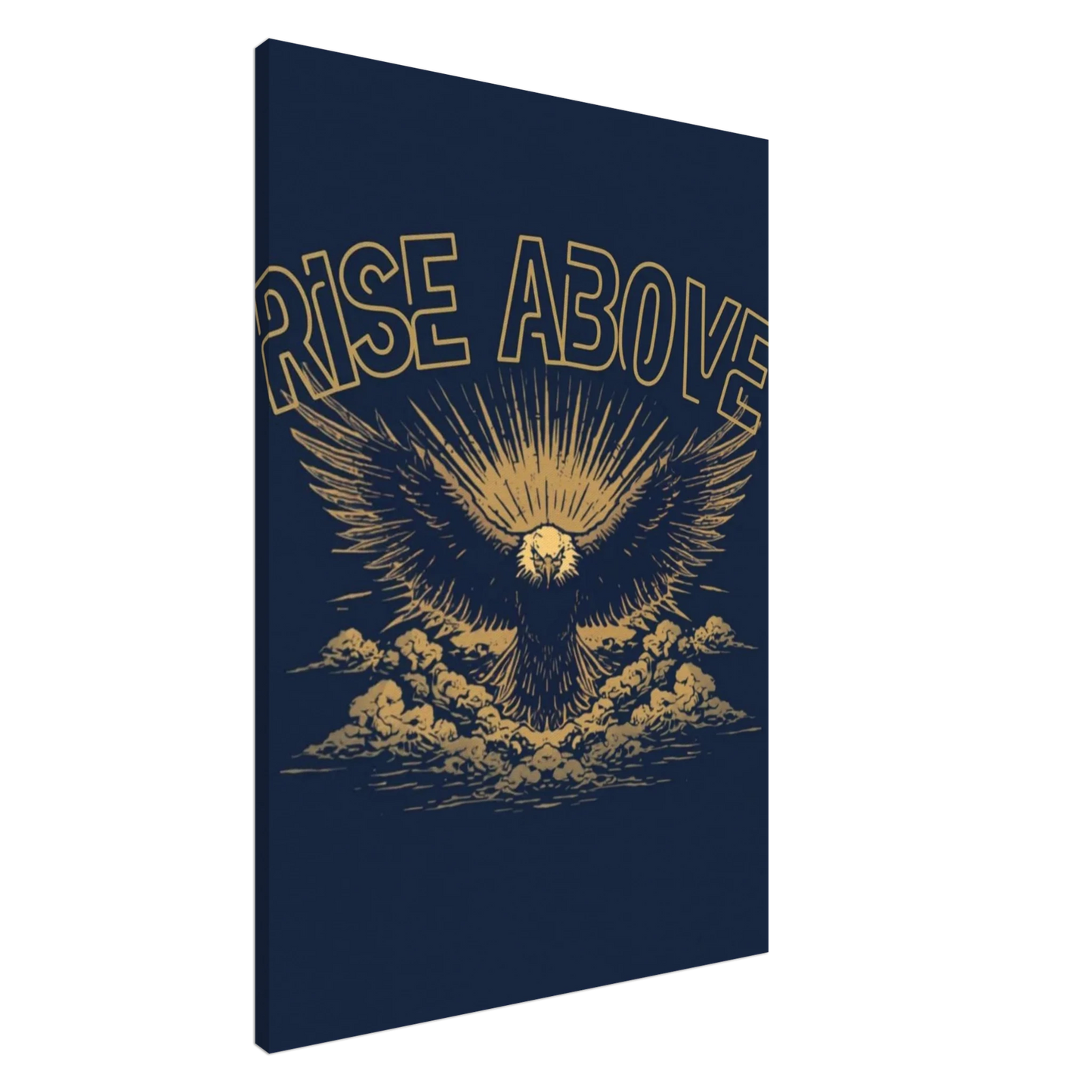 Rise Above motivational canvas print in dark navy and gold hanging in home office