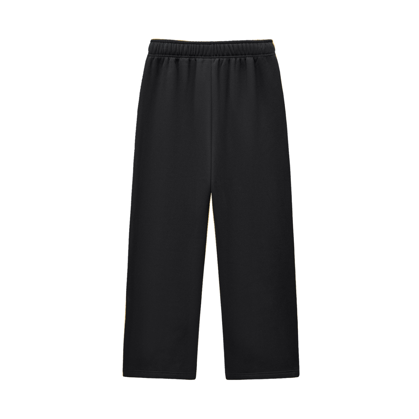 Close-up of white contrast stitching on black fleece sweatpants