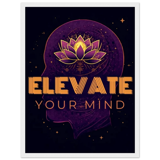 Elevate Your Mind framed motivational wall art — deep violet human head silhouette with glowing lotus mandala and gold typography
