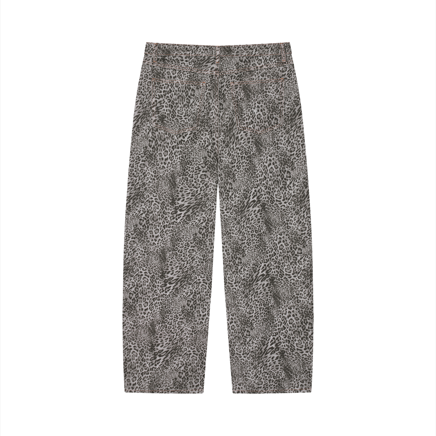 Close-up of leopard print pattern on wide leg jeans
