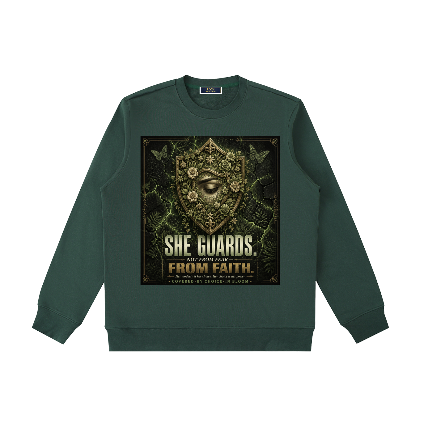 She Guards Not From Fear From Faith — Women's Heavyweight Crewneck Sweatshirt | 320 GSM Modest Faith Fashion