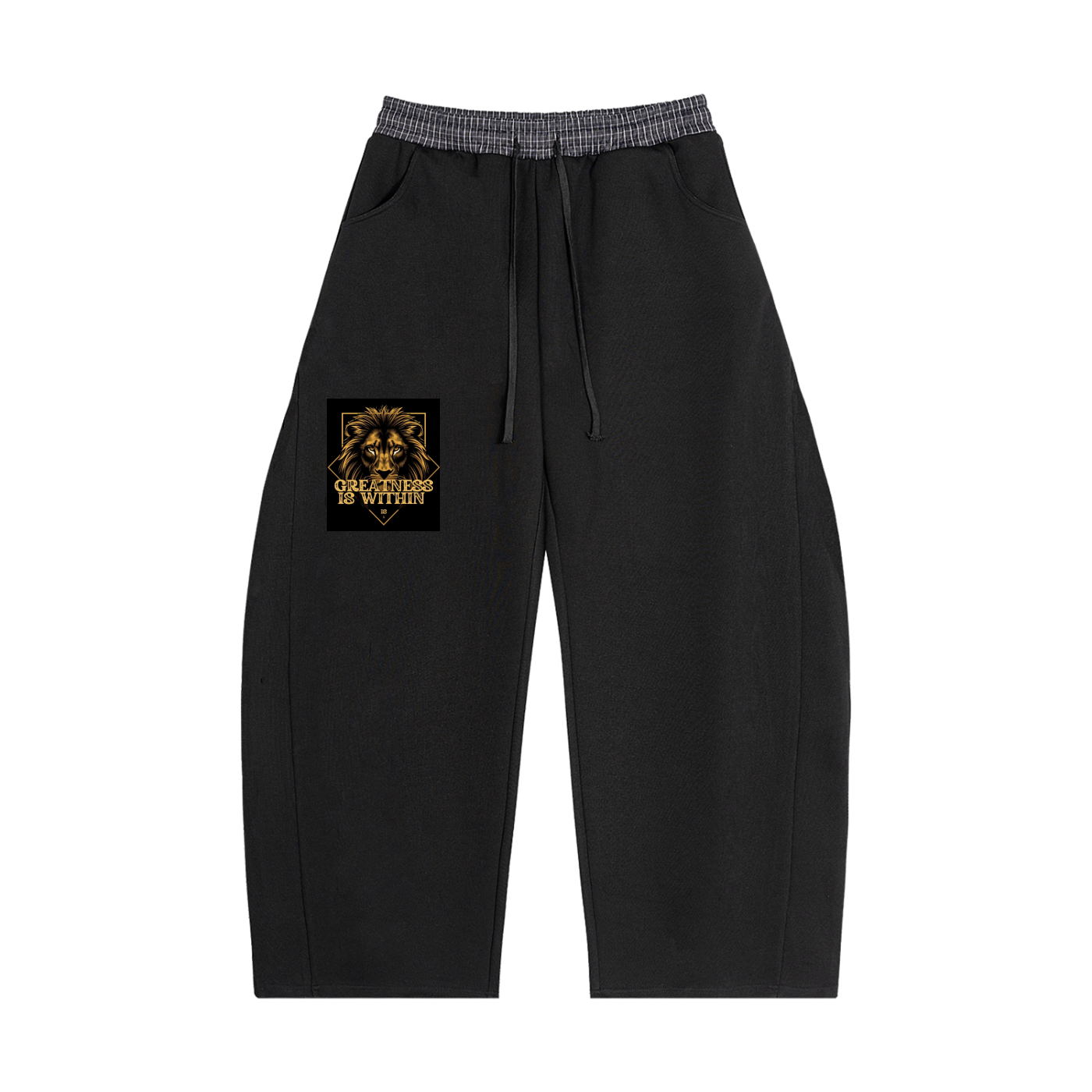 Gold lion crest black barrel sweatpants front view