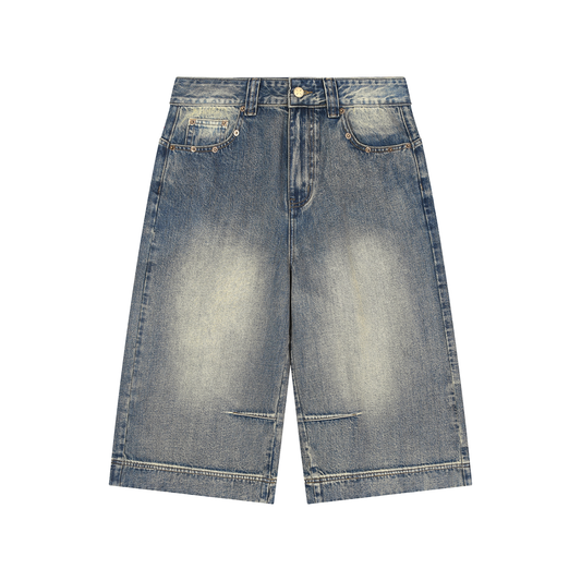 Vintage wash baggy denim shorts front view distressed streetwear