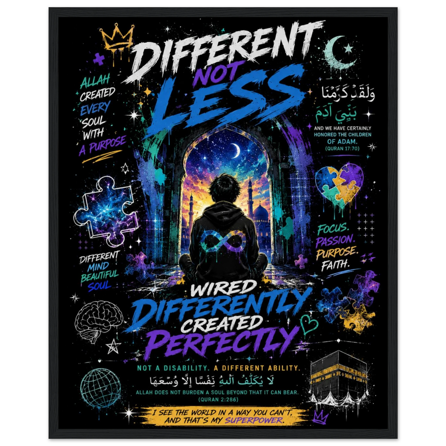 Different Not Less classic framed poster in wooden frame detail