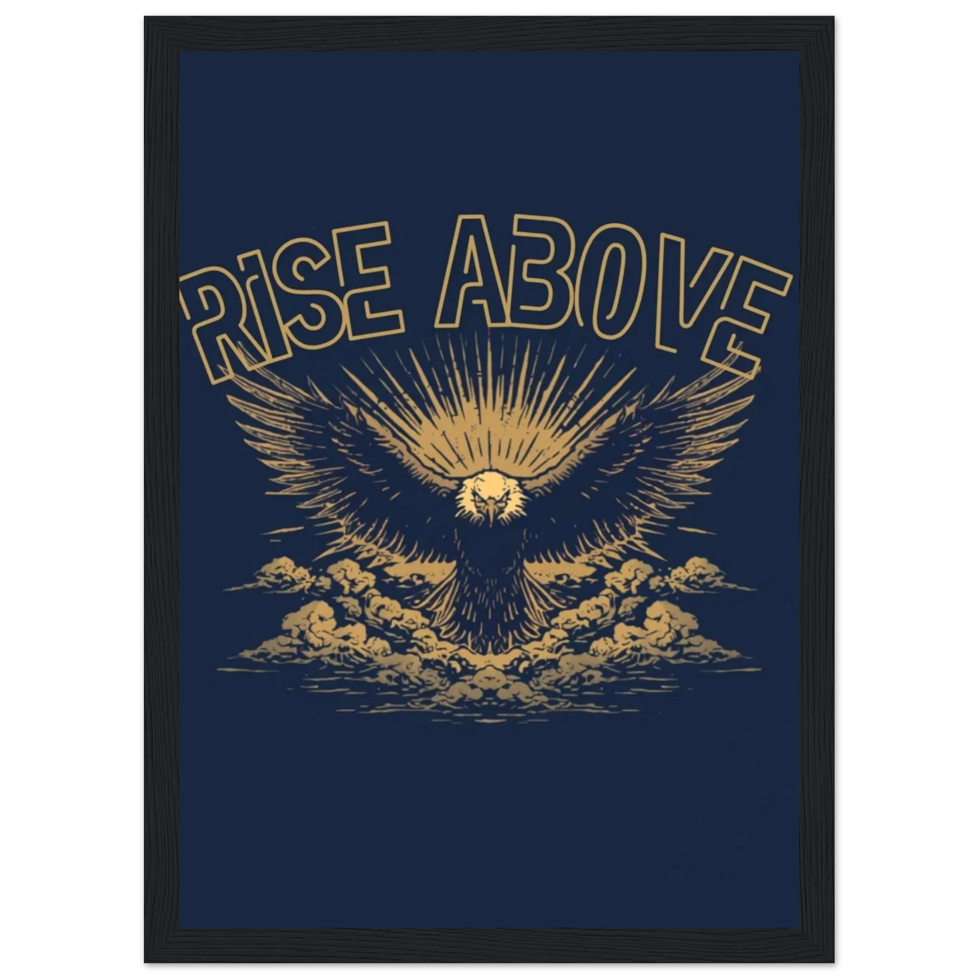 Rise Above framed gold eagle motivational wall art print in white wood frame