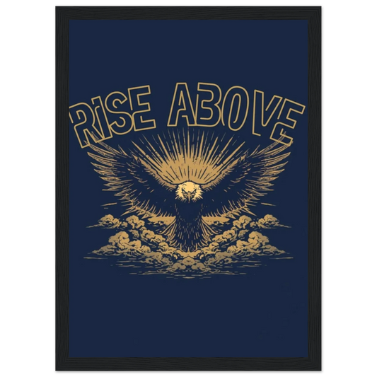 Rise Above framed gold eagle motivational wall art print in white wood frame