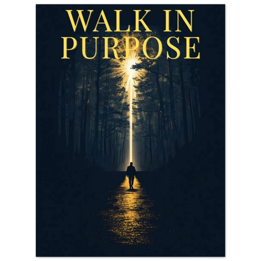 Walk In Purpose matte motivational poster with gold typography on charcoal