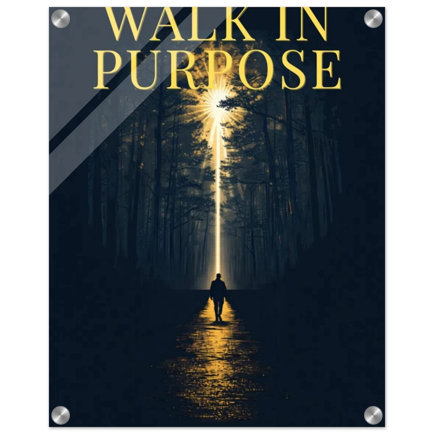 Close-up of gold lettering detail on Walk In Purpose acrylic wall art