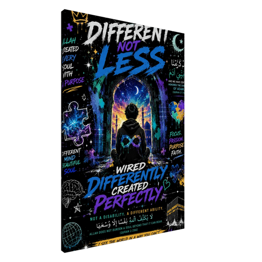 Different Not Less faith-based autism awareness canvas wall art — sacred verses and neurodiversity infinity symbol