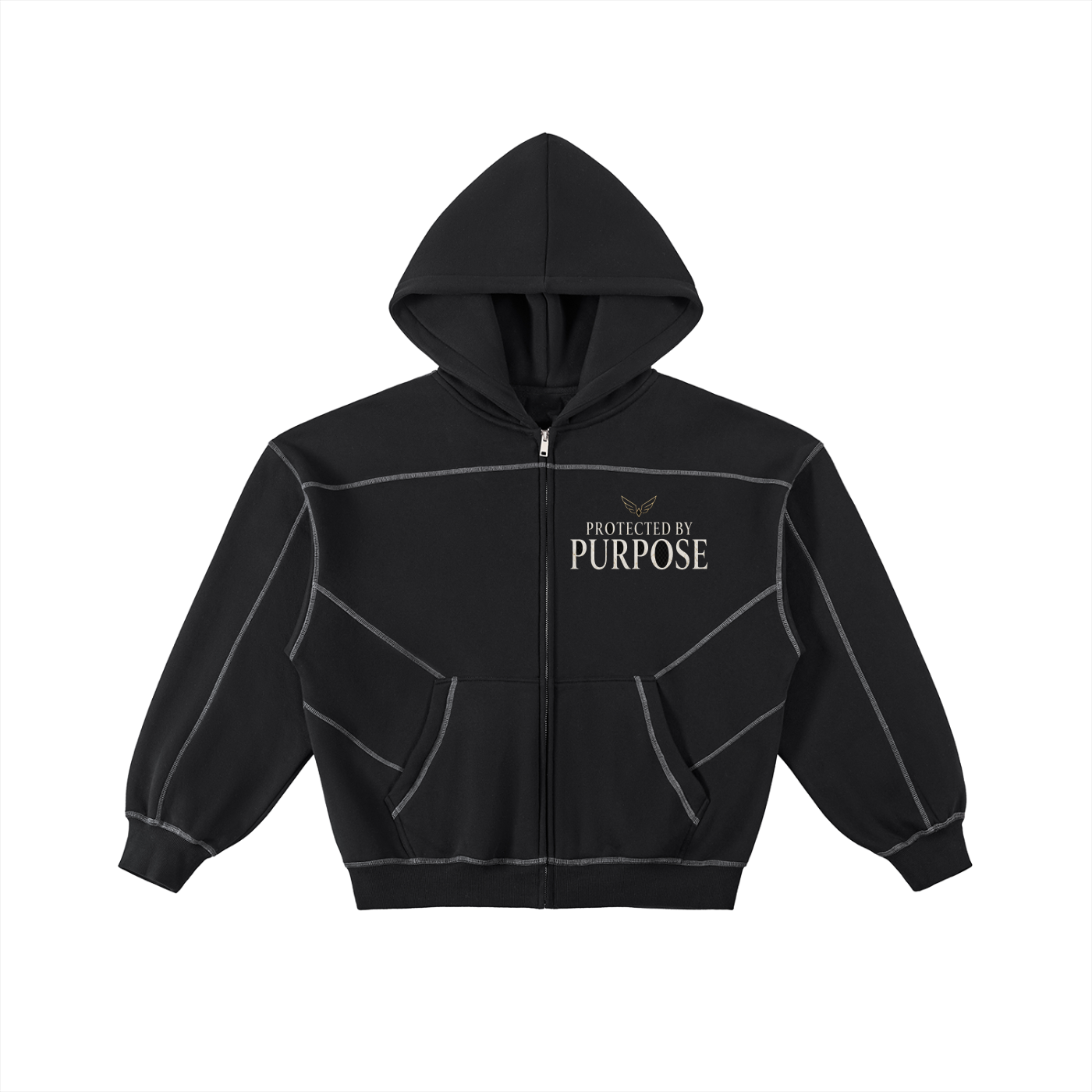 Contrast-Stitched Boxy Fleece Zip Hoodie