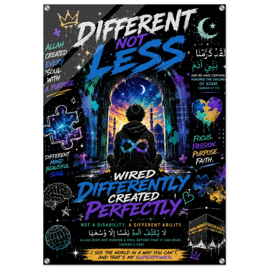 Different Not Less premium acrylic faith-based autism awareness wall art — sacred archway and gold neurodiversity infinity symbol