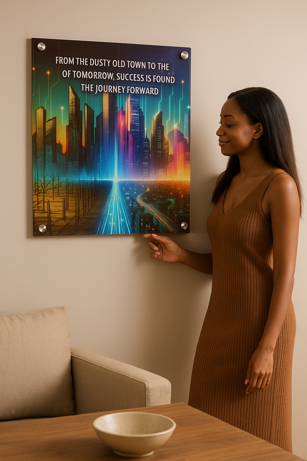 Journey Forward” Motivational Acrylic Wall Art – From Humble Beginnings to a Brighter Future • Inspirational Cityscape Print • Faith, Growth & Gratitude Artwork • Modern Luxury Home & Office Decor