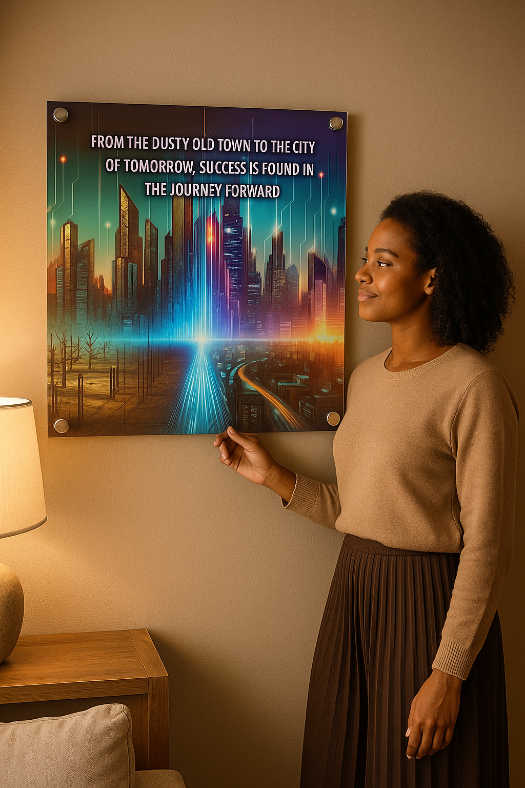 Journey Forward” Motivational Acrylic Wall Art – From Humble Beginnings to a Brighter Future • Inspirational Cityscape Print • Faith, Growth & Gratitude Artwork • Modern Luxury Home & Office Decor