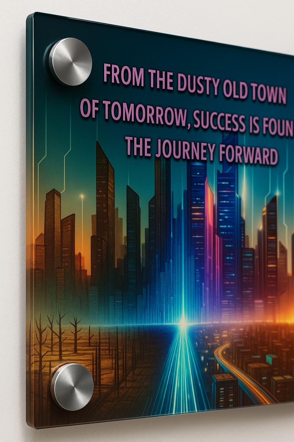 Journey Forward” Motivational Acrylic Wall Art – From Humble Beginnings to a Brighter Future • Inspirational Cityscape Print • Faith, Growth & Gratitude Artwork • Modern Luxury Home & Office Decor