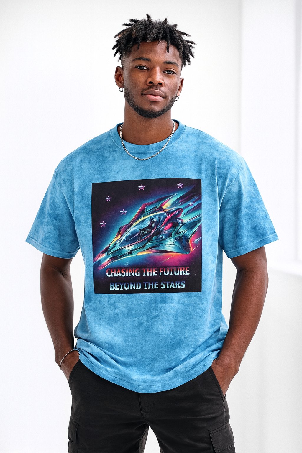 Chasing the Future Beyond the Stars Tie Dye T-Shirt • Retro Space Graphic Tee • Sci-Fi Streetwear • Cool Galaxy Shirt for Men & Women