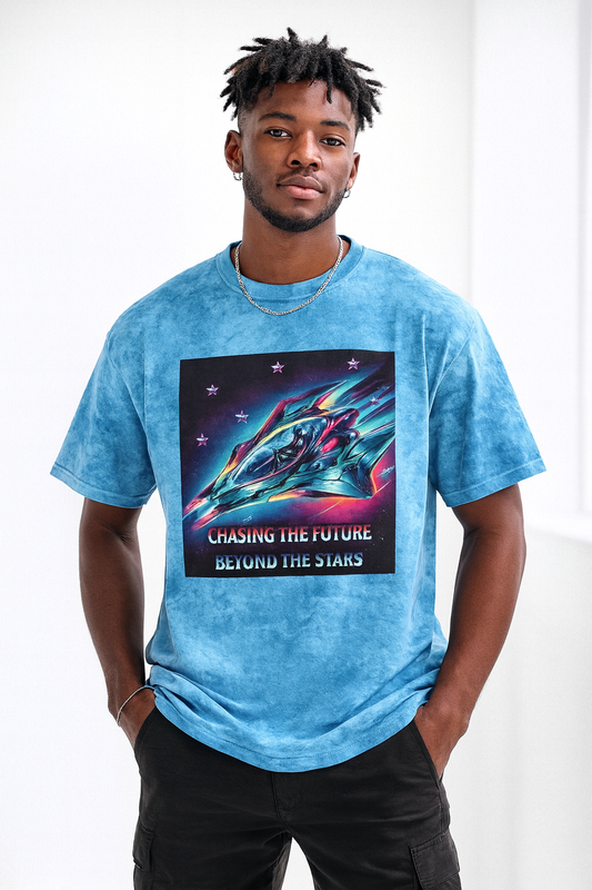 Chasing the Future Beyond the Stars Tie Dye T-Shirt • Retro Space Graphic Tee • Sci-Fi Streetwear • Cool Galaxy Shirt for Men & Women