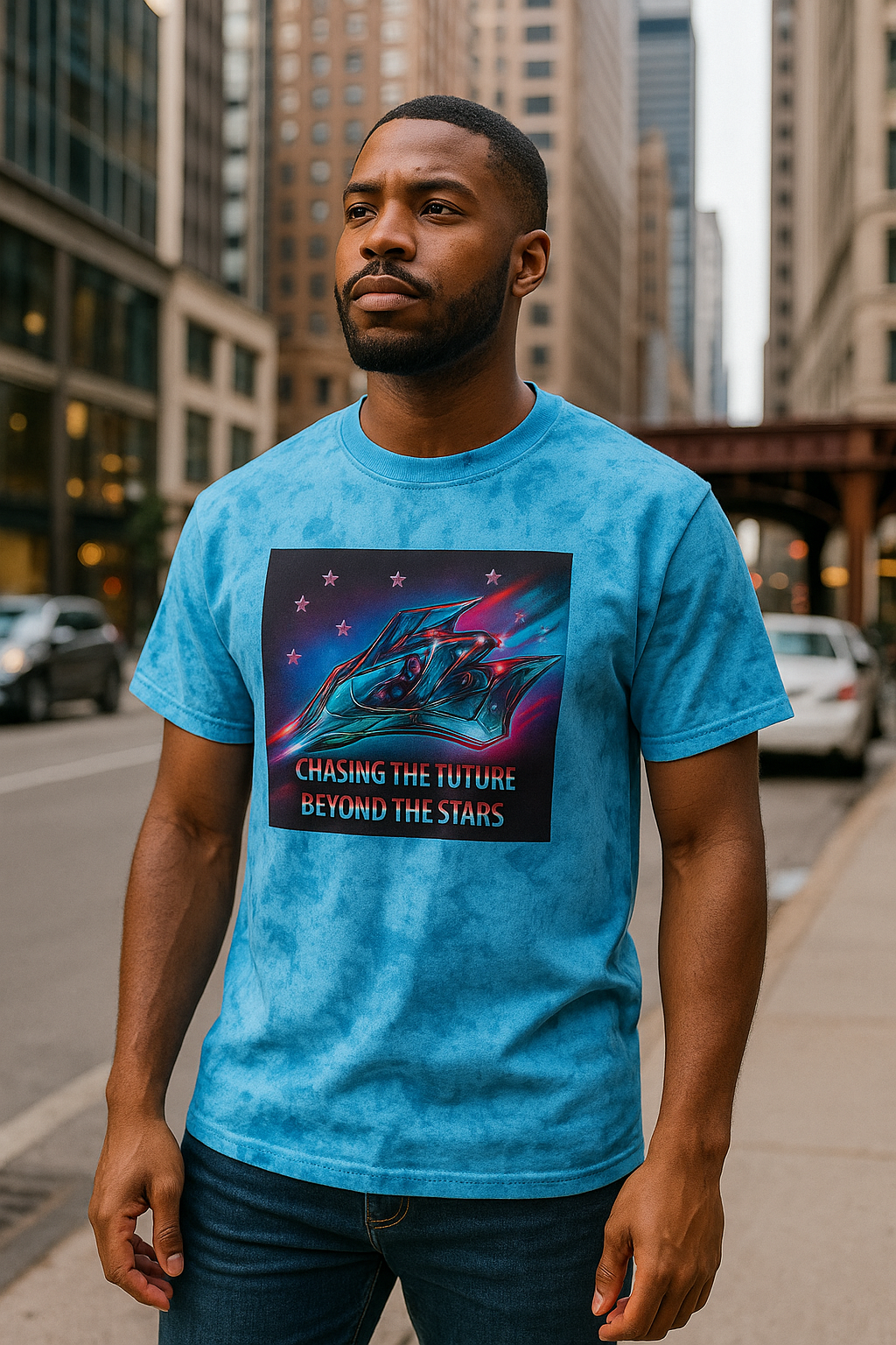 Chasing the Future Beyond the Stars Tie Dye T-Shirt • Retro Space Graphic Tee • Sci-Fi Streetwear • Cool Galaxy Shirt for Men & Women
