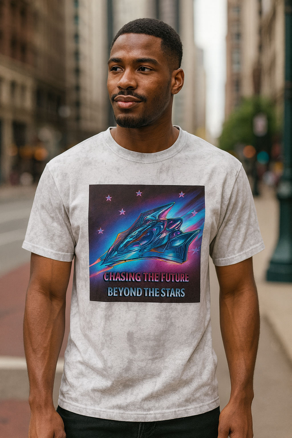 Chasing the Future Beyond the Stars Tie Dye T-Shirt • Retro Space Graphic Tee • Sci-Fi Streetwear • Cool Galaxy Shirt for Men & Women