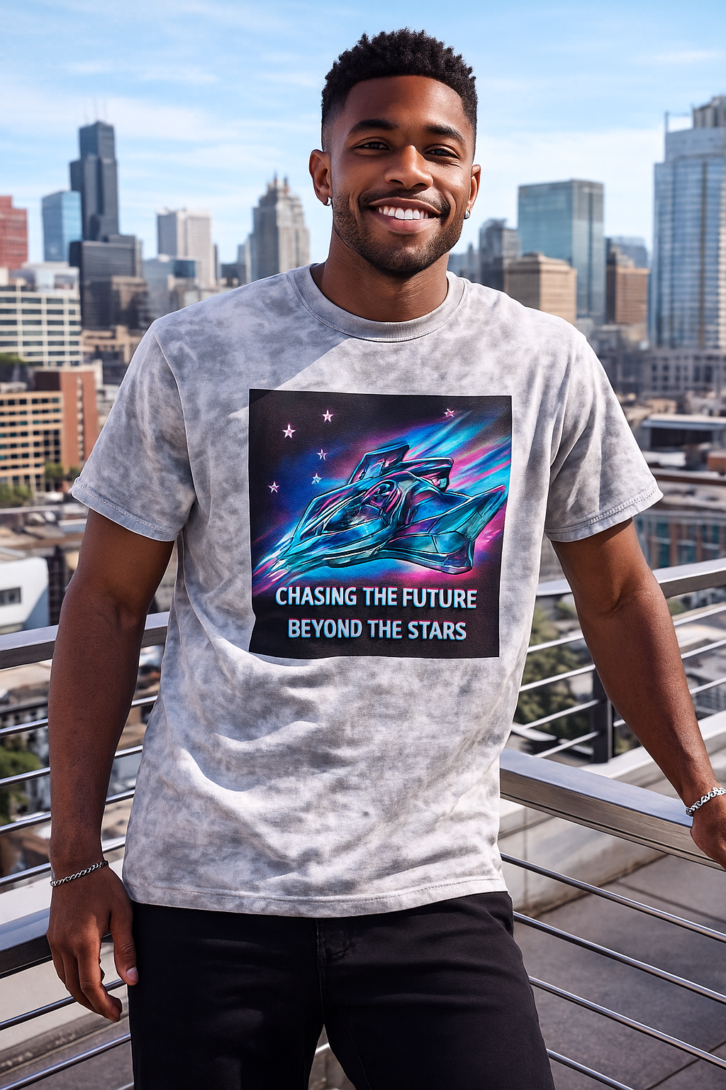 Chasing the Future Beyond the Stars Tie Dye T-Shirt • Retro Space Graphic Tee • Sci-Fi Streetwear • Cool Galaxy Shirt for Men & Women