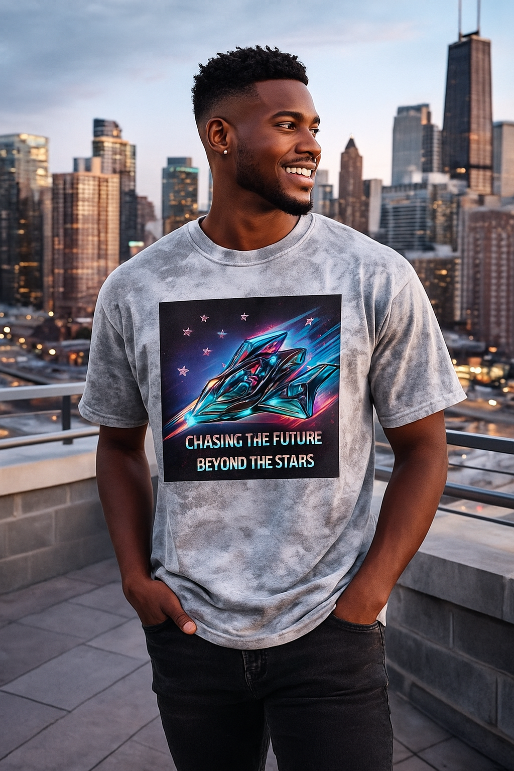 Chasing the Future Beyond the Stars Tie Dye T-Shirt • Retro Space Graphic Tee • Sci-Fi Streetwear • Cool Galaxy Shirt for Men & Women