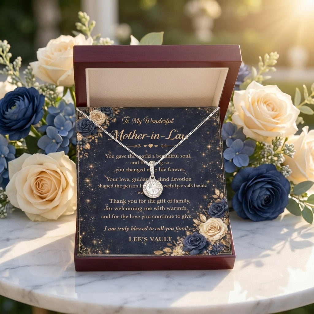 Mother-in-Law Necklace Gift from Daughter-in-Law or Son-in-Law — “Thank You for Raising My Love” Message Card | Love Knot Necklace | Wedding Day, Christmas, Birthday