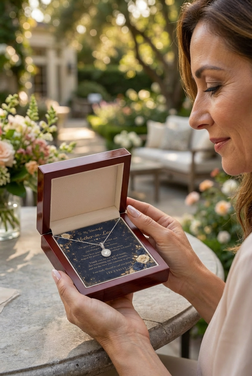 Mother-in-Law Necklace Gift from Daughter-in-Law or Son-in-Law — “Thank You for Raising My Love” Message Card | Love Knot Necklace | Wedding Day, Christmas, Birthday