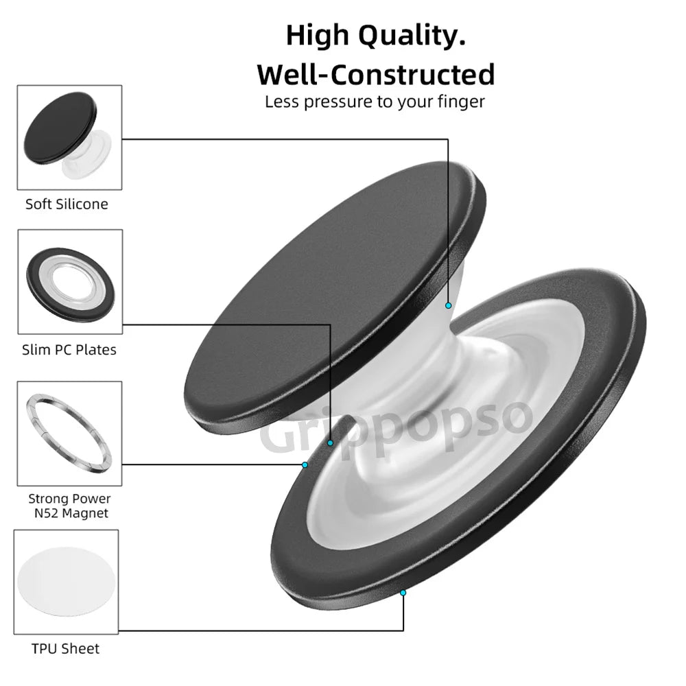 Grippopso Magnetic Phone Grip & Stand - 4000G Force, Wireless Charging Compatible