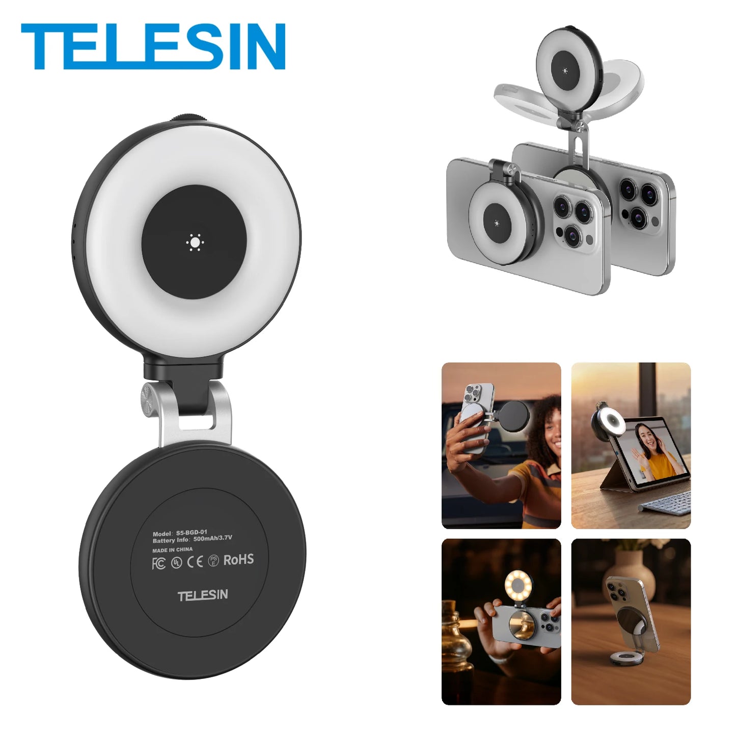 Telesin Magnetic Selfie Light - 3 Mode Adjustable Fill Light with Built-in Mirror