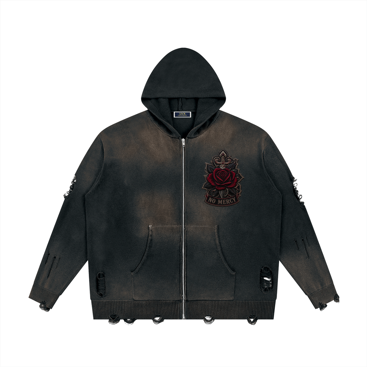 Warrior Distressed Full-Zip Hoodie | No Mercy Streetwear | Vault Signature Unisex