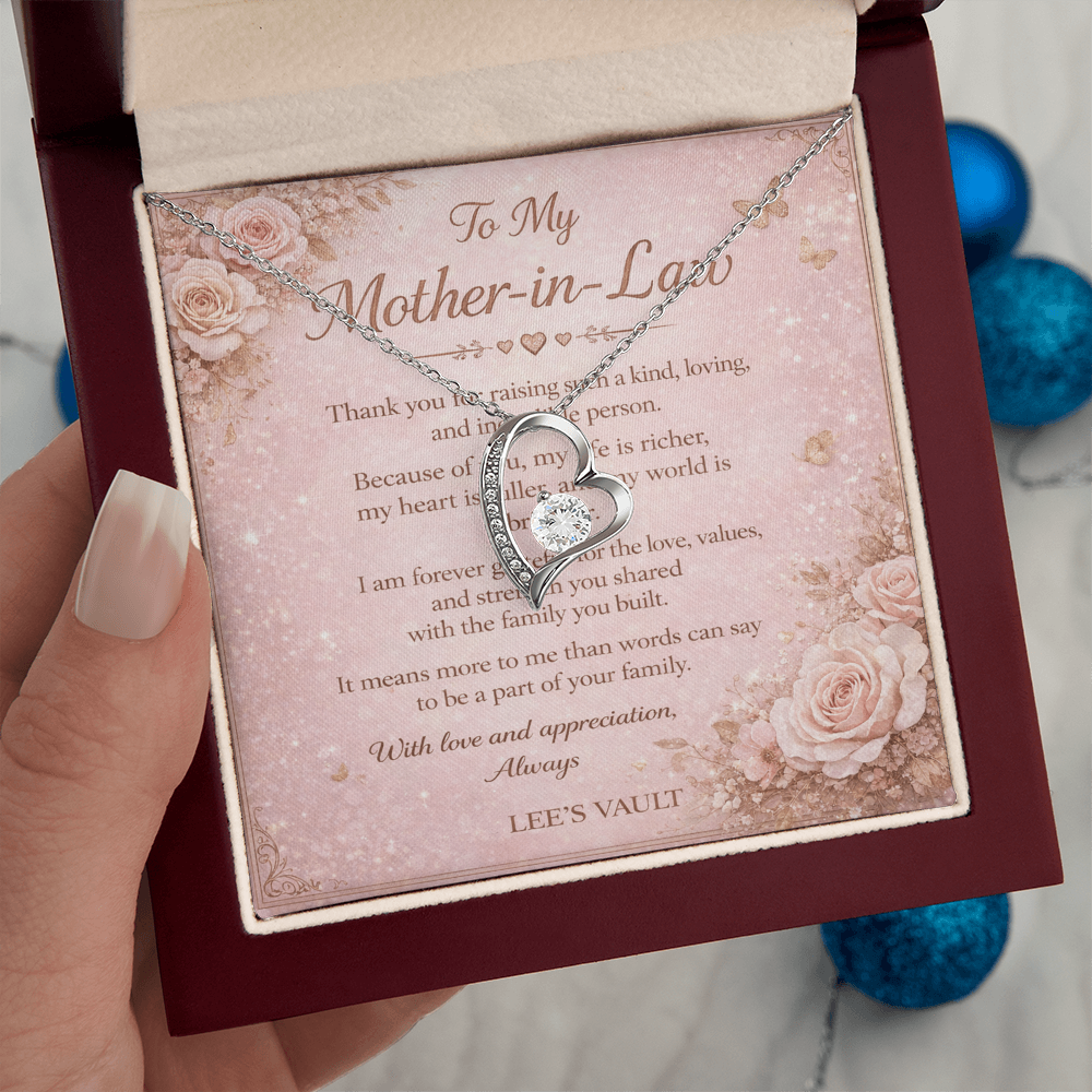 Mother-in-Law Necklace Gift from Daughter-in-Law or Son-in-Law — “Thank You for Raising My Love” Message Card | Love Knot Necklace | Wedding Day, Christmas, Birthday
