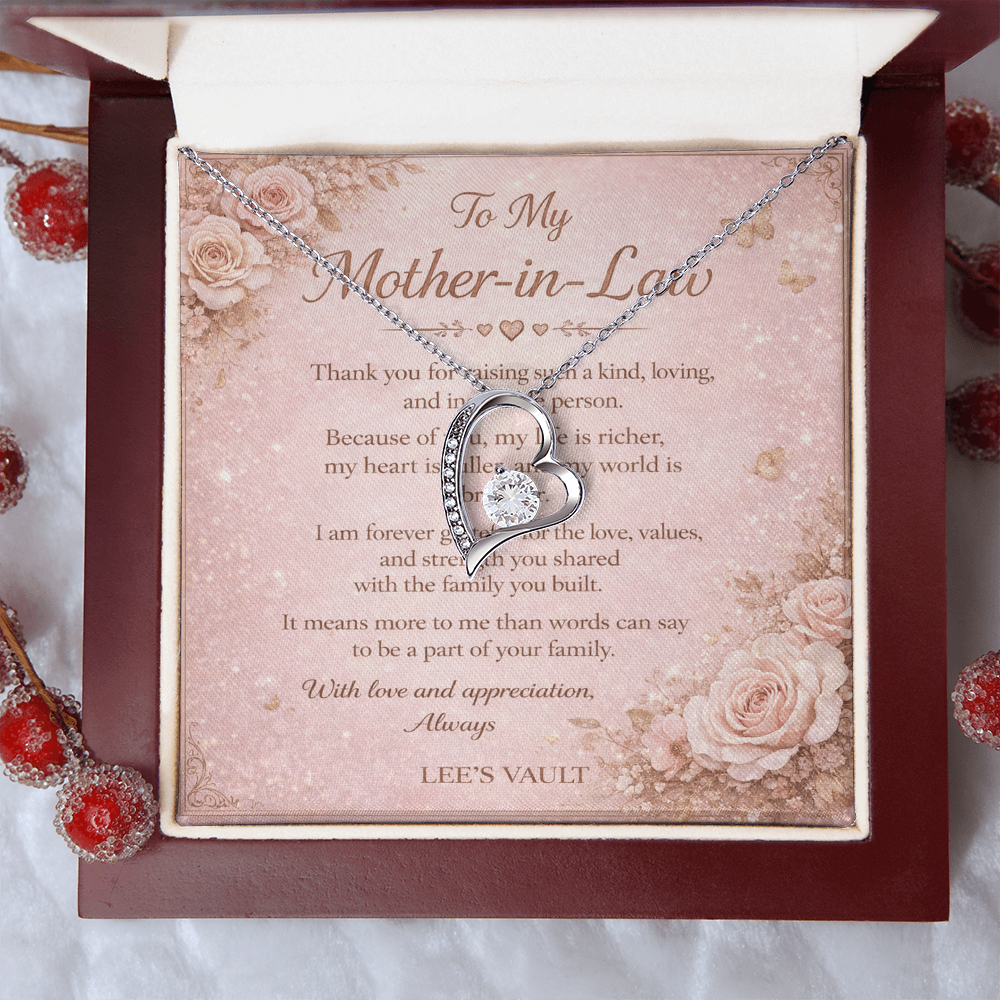 Mother-in-Law Necklace Gift from Daughter-in-Law or Son-in-Law — “Thank You for Raising My Love” Message Card | Love Knot Necklace | Wedding Day, Christmas, Birthday