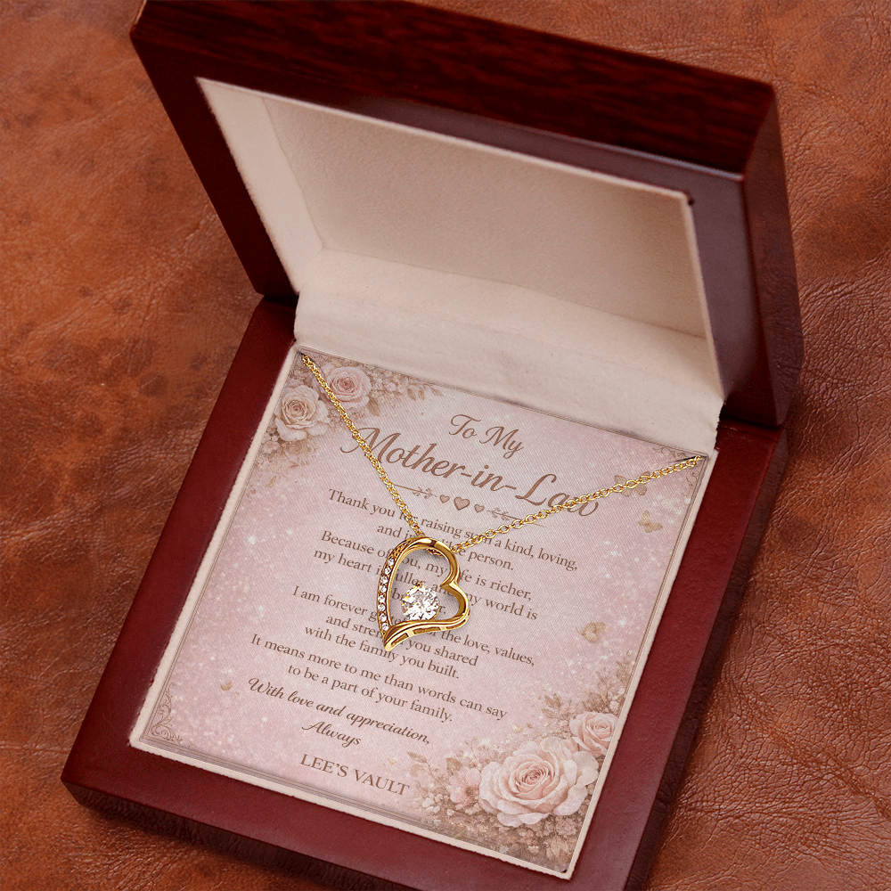 Mother-in-Law Necklace Gift from Daughter-in-Law or Son-in-Law — “Thank You for Raising My Love” Message Card | Love Knot Necklace | Wedding Day, Christmas, Birthday