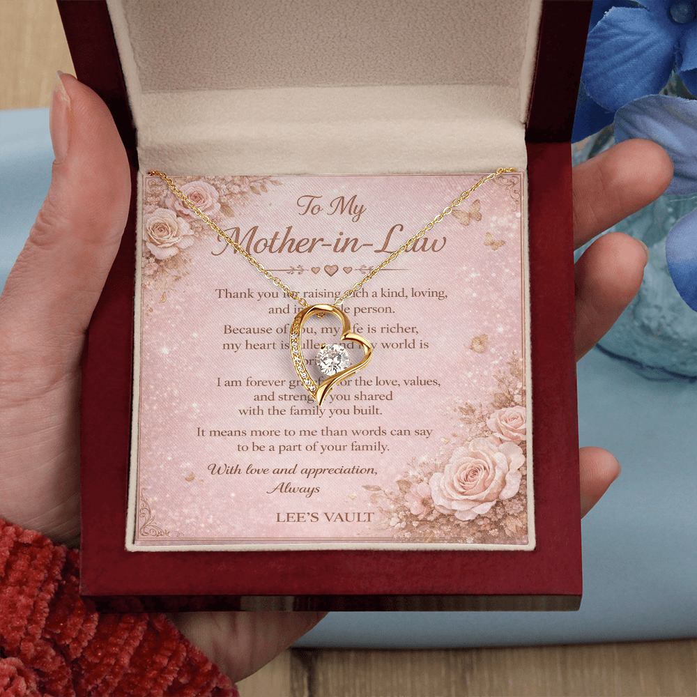 Mother-in-Law Necklace Gift from Daughter-in-Law or Son-in-Law — “Thank You for Raising My Love” Message Card | Love Knot Necklace | Wedding Day, Christmas, Birthday