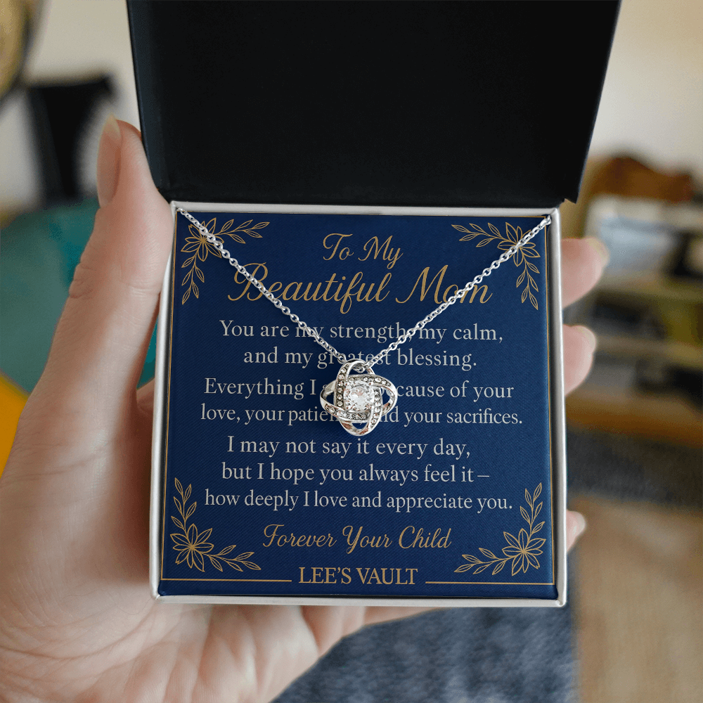 LEE'S VAULT “To My Beautiful Mom” Gold Necklace – Inspirational Gift for Mom / Mother's Day / Birthday / Christmas – Luxury Navy & Gold Message Card Jewelry