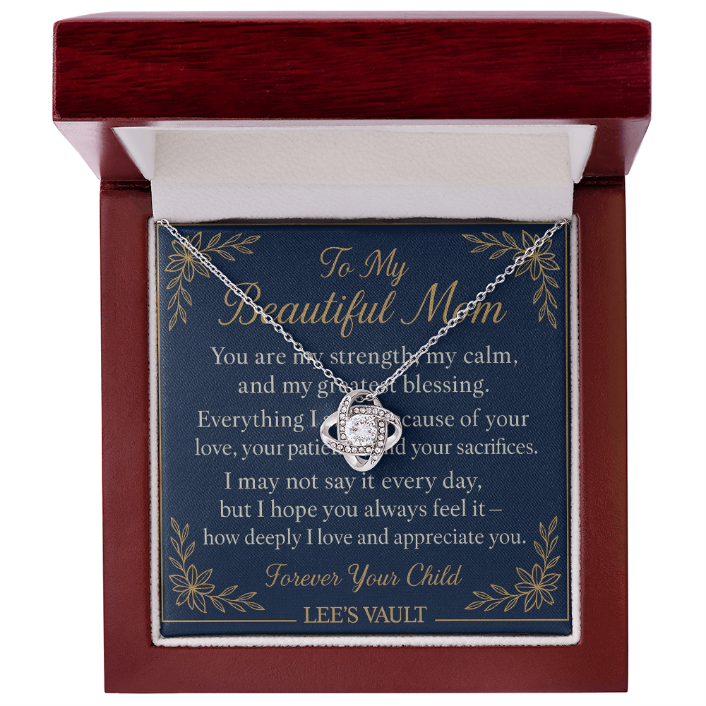 LEE'S VAULT “To My Beautiful Mom” Gold Necklace – Inspirational Gift for Mom / Mother's Day / Birthday / Christmas – Luxury Navy & Gold Message Card Jewelry