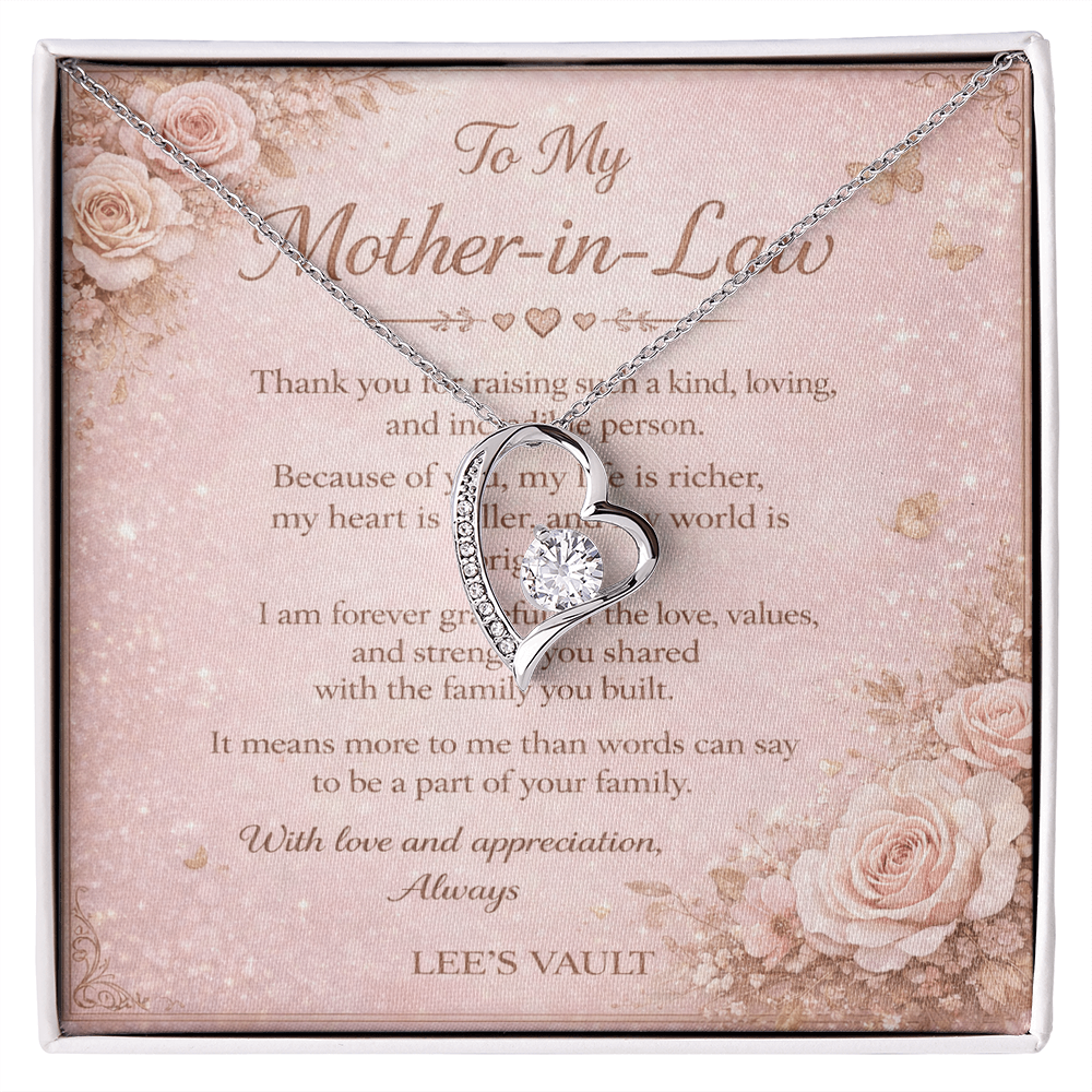 Mother-in-Law Necklace Gift from Daughter-in-Law or Son-in-Law — “Thank You for Raising My Love” Message Card | Love Knot Necklace | Wedding Day, Christmas, Birthday