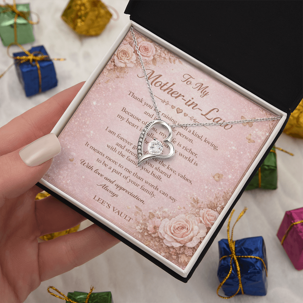 Mother-in-Law Necklace Gift from Daughter-in-Law or Son-in-Law — “Thank You for Raising My Love” Message Card | Love Knot Necklace | Wedding Day, Christmas, Birthday