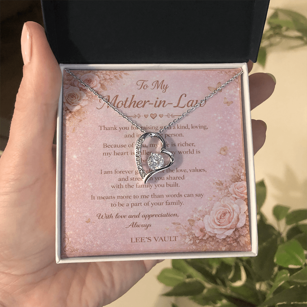 Mother-in-Law Necklace Gift from Daughter-in-Law or Son-in-Law — “Thank You for Raising My Love” Message Card | Love Knot Necklace | Wedding Day, Christmas, Birthday
