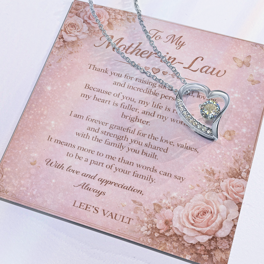 Mother-in-Law Necklace Gift from Daughter-in-Law or Son-in-Law — “Thank You for Raising My Love” Message Card | Love Knot Necklace | Wedding Day, Christmas, Birthday