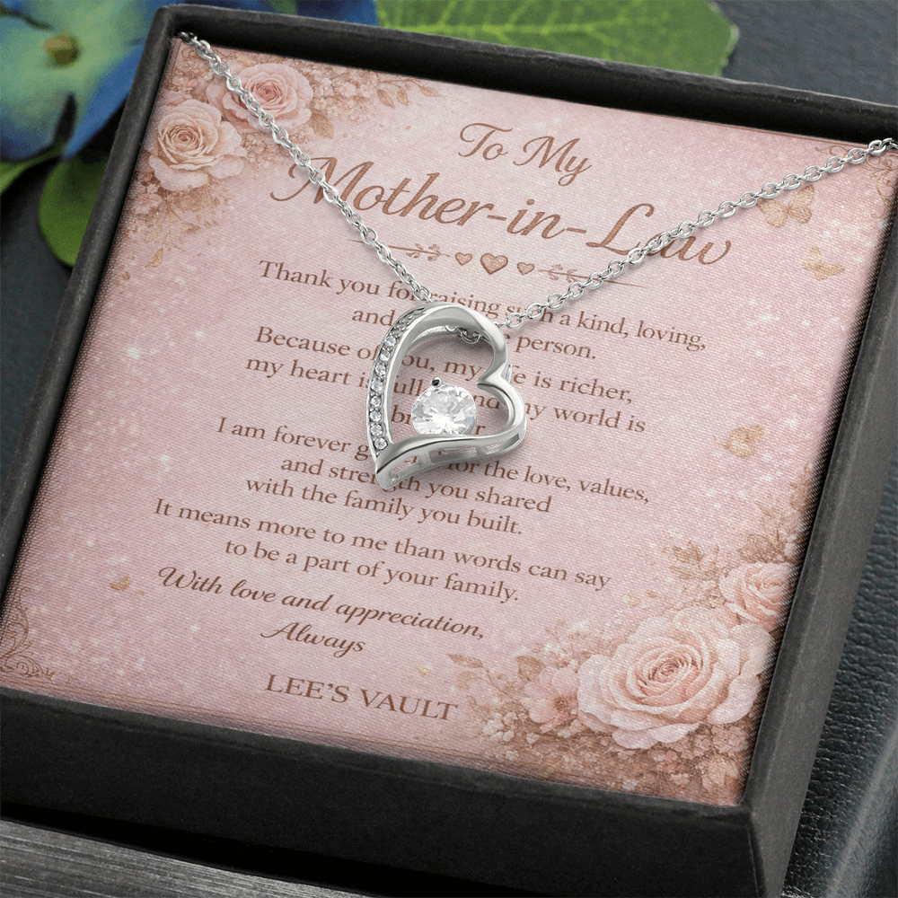 Mother-in-Law Necklace Gift from Daughter-in-Law or Son-in-Law — “Thank You for Raising My Love” Message Card | Love Knot Necklace | Wedding Day, Christmas, Birthday