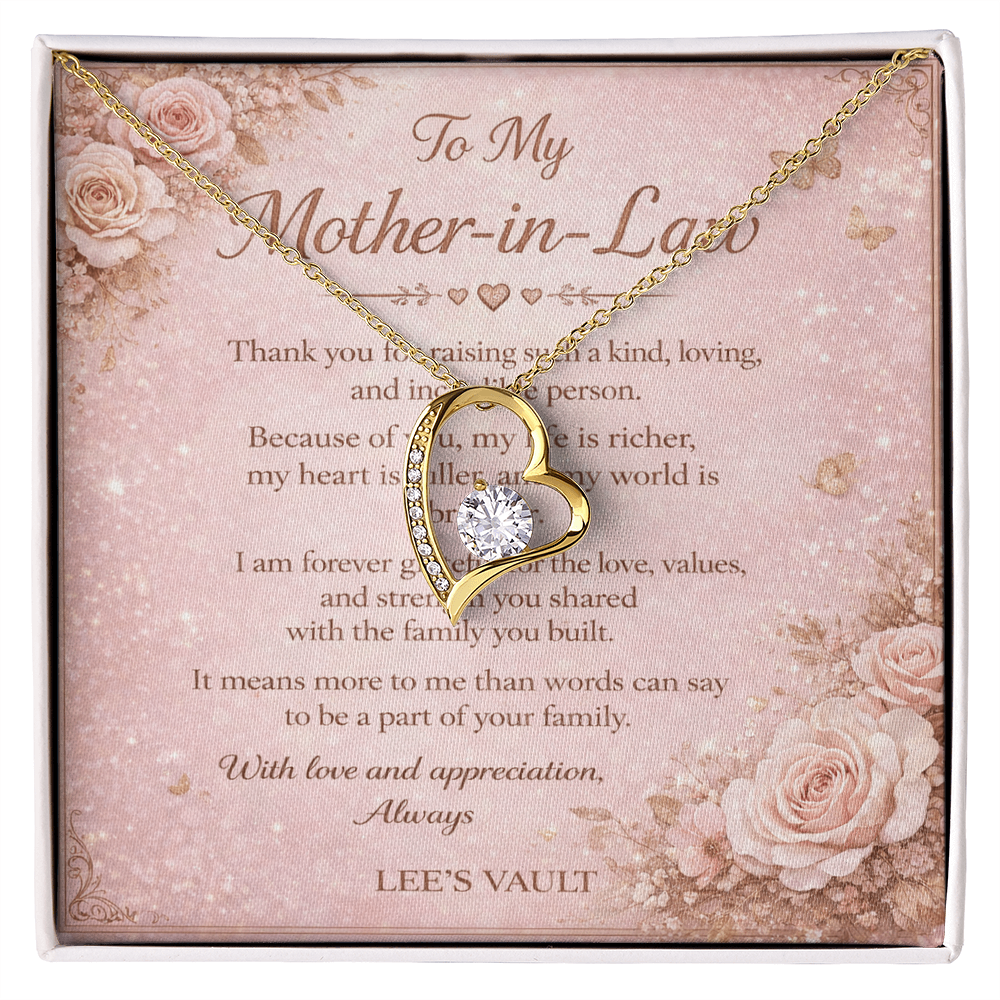 Mother-in-Law Necklace Gift from Daughter-in-Law or Son-in-Law — “Thank You for Raising My Love” Message Card | Love Knot Necklace | Wedding Day, Christmas, Birthday