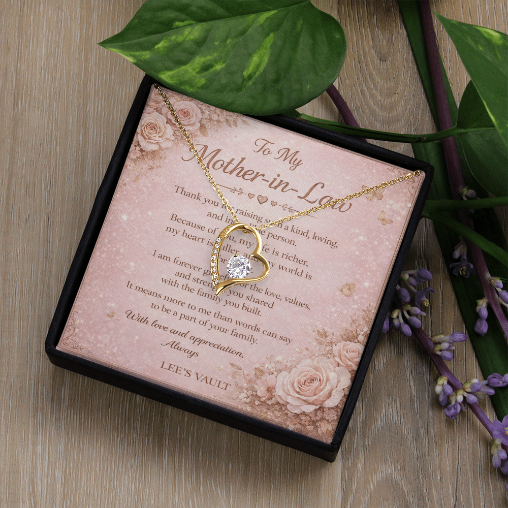 Mother-in-Law Necklace Gift from Daughter-in-Law or Son-in-Law — “Thank You for Raising My Love” Message Card | Love Knot Necklace | Wedding Day, Christmas, Birthday