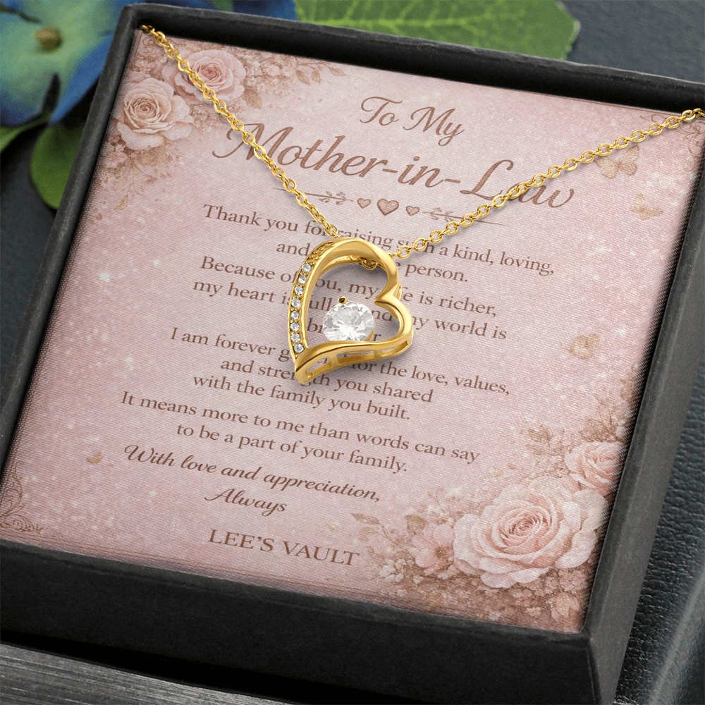 Mother-in-Law Necklace Gift from Daughter-in-Law or Son-in-Law — “Thank You for Raising My Love” Message Card | Love Knot Necklace | Wedding Day, Christmas, Birthday