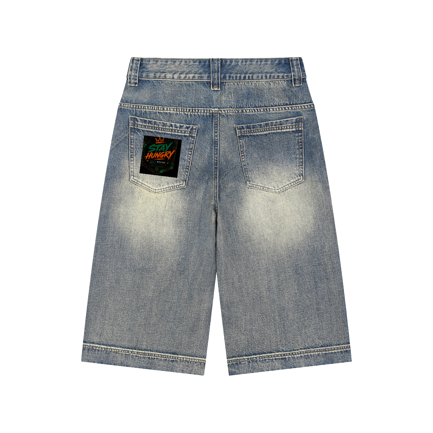 Close-up of vintage fade and distressing on baggy denim shorts