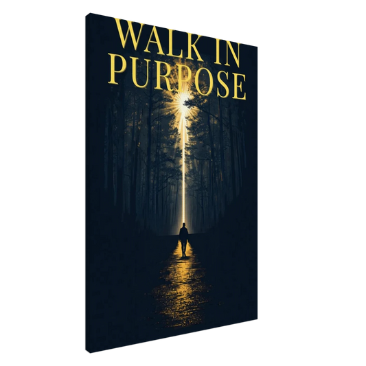 Walk In Purpose gold typography canvas wall art print on dark charcoal background