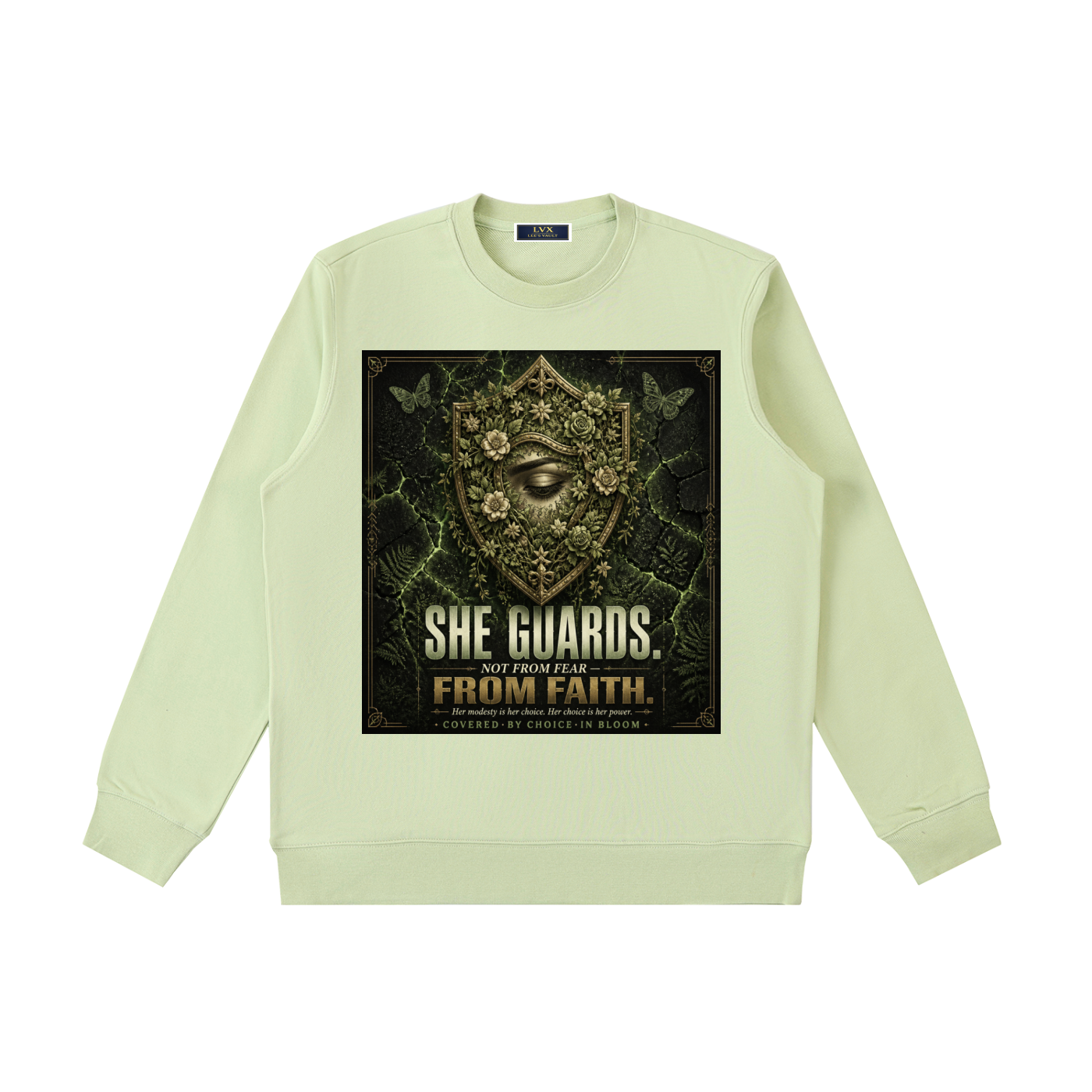 She Guards Not From Fear From Faith — Women's Heavyweight Crewneck Sweatshirt | 320 GSM Modest Faith Fashion
